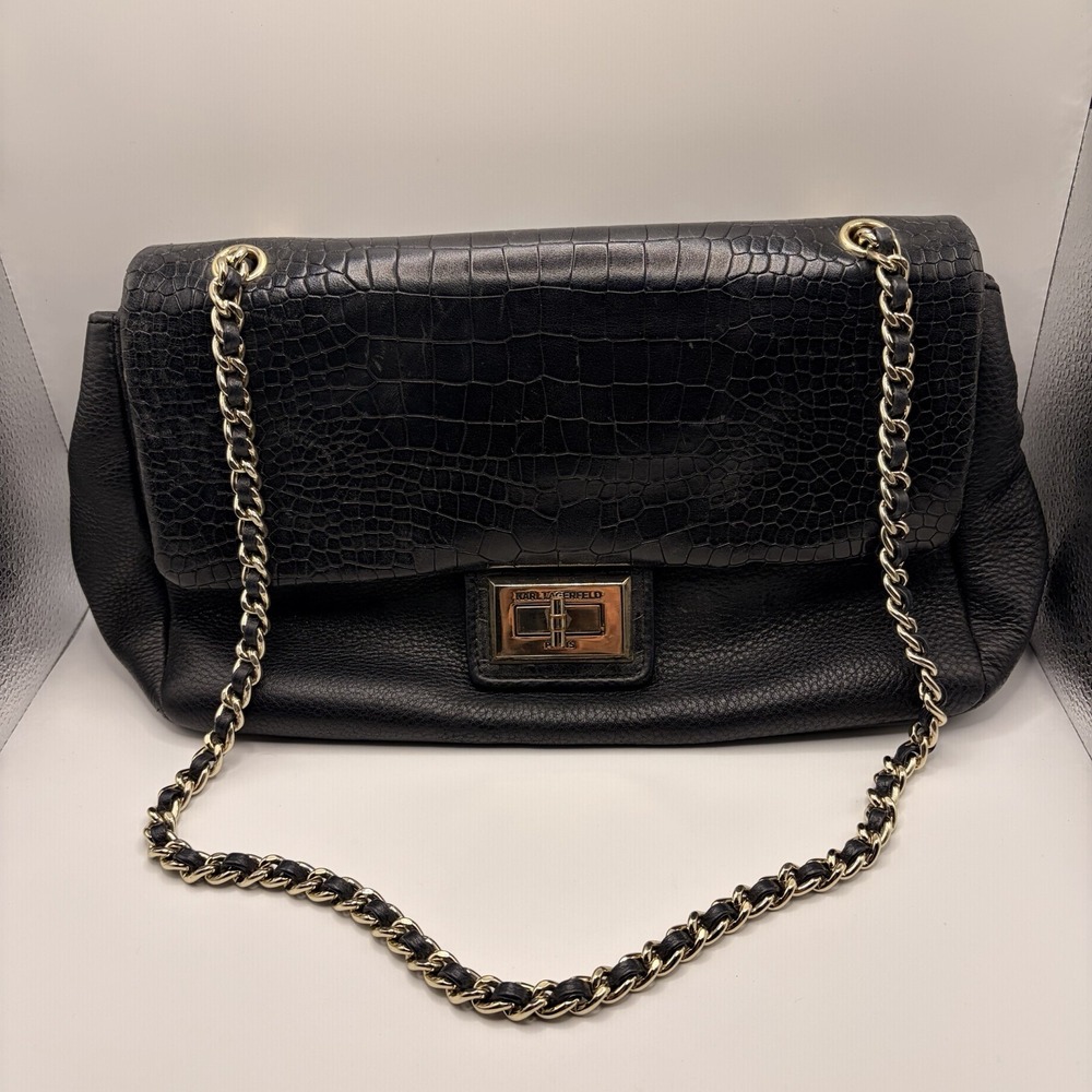 Karl Lagerfeld Paris Black Croc Embossed Chain Shoulder Bag Gold Turn Lock